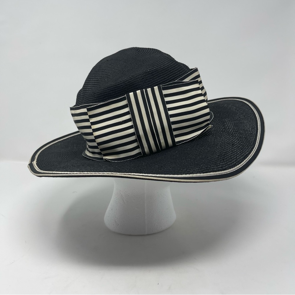 GEORGI VINTAGE HAT BLACK WIDE GROSGRAIN RIBBON BOW BLACK WHITE STRIPE ACCESSORY